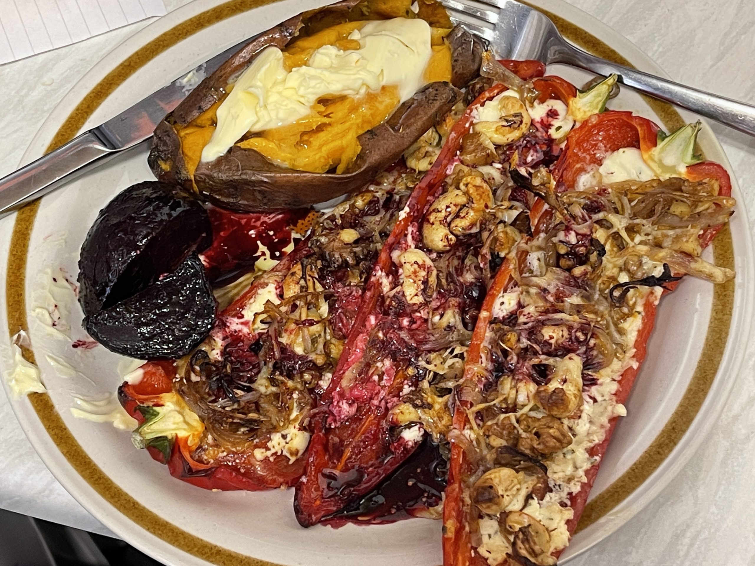 Vegetarian stuffed peppers, roast beetroot and steam sweet potato