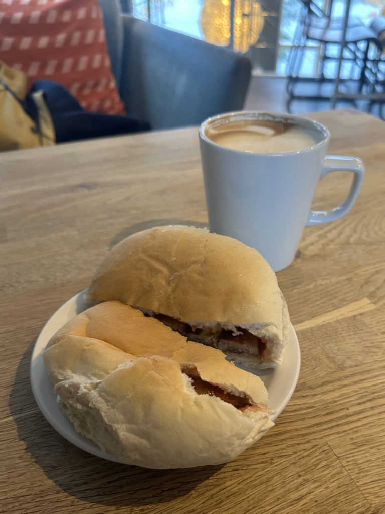 Sausage bap and a latte