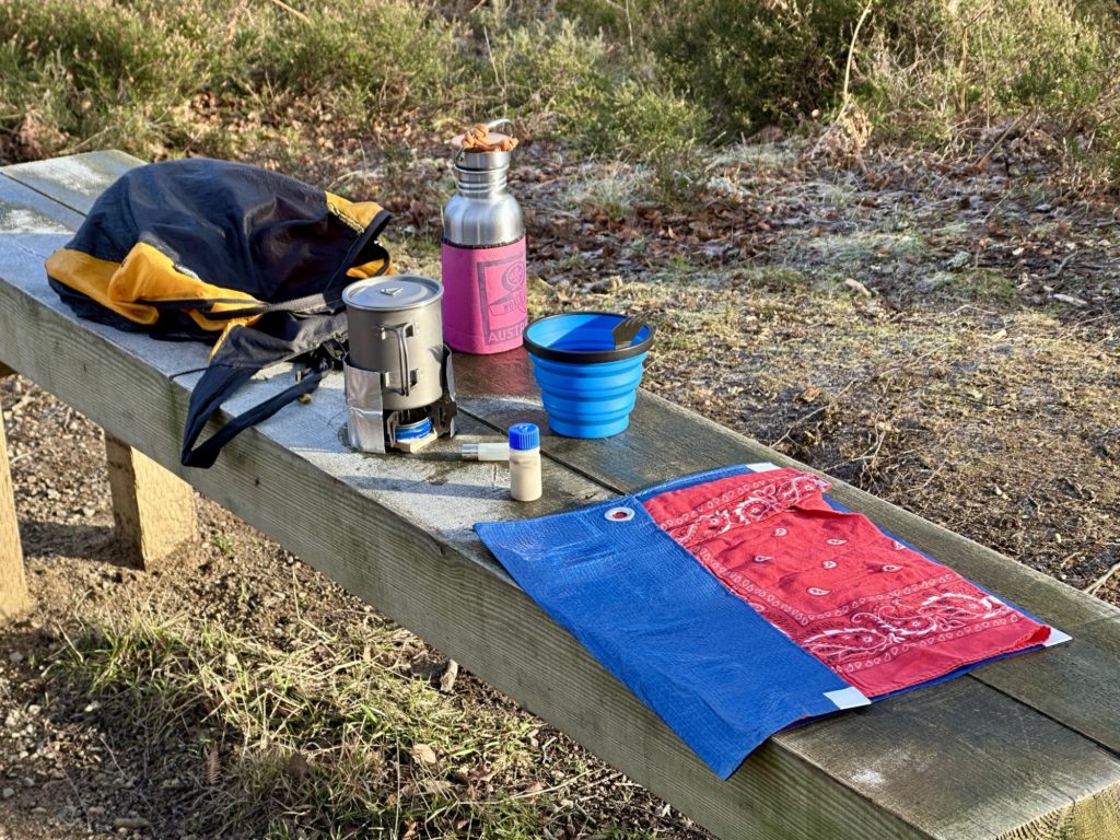 Lightweight backpacking stove and cook kit - titanium mug with lid and homemade Dragon gel fuel stove 